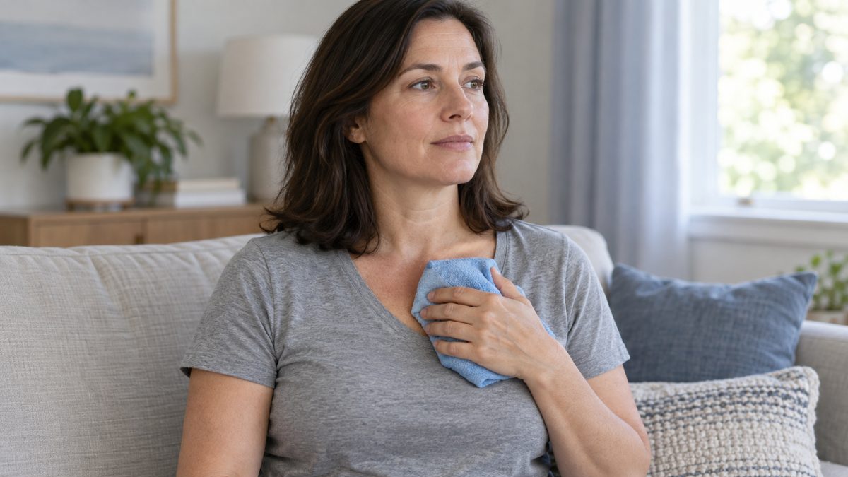 Vrouw zit rechtop op de bank en houdt een in een handdoek gewikkeld koudekompres tegen haar borst, naast het borstbeen